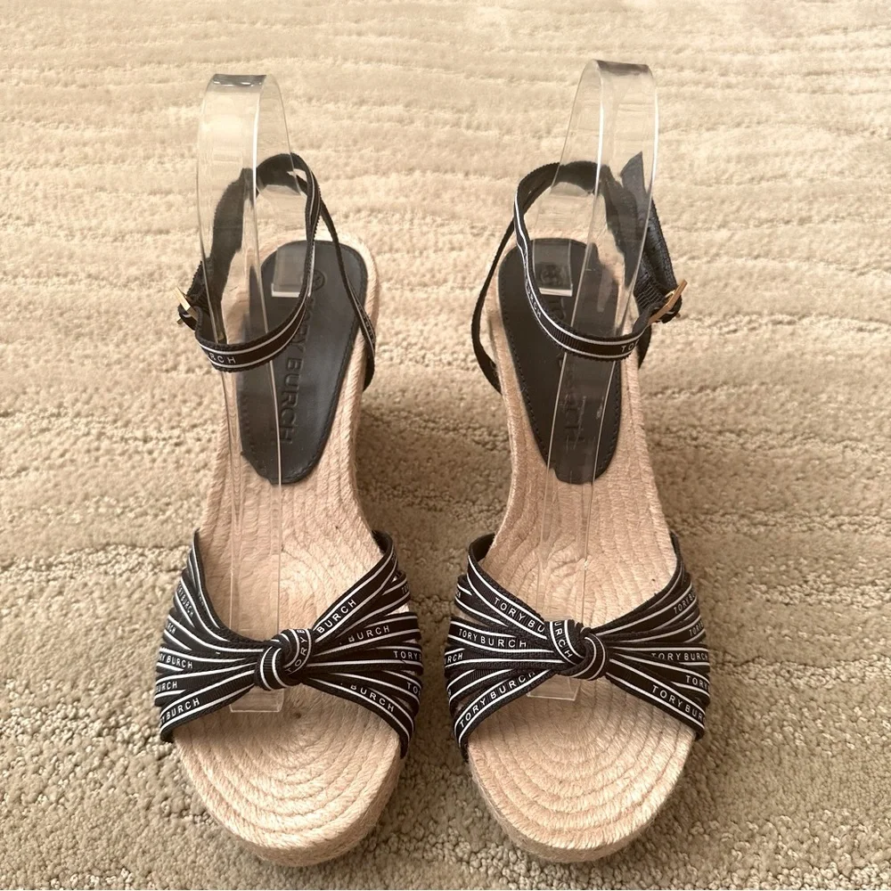 NEW Tory Burch Ribbon Strappy Wedge Espadrille Platform Sandals Navy Cream Tan 9